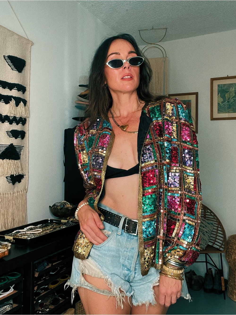 90s Laurence Kazar Multicolor Sequin Patchwork Jacket with Gold Trim - Picture 11 of 13